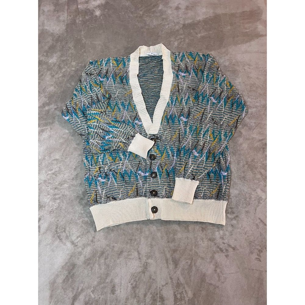 Vtg 90s Medium Multicolor Sweater Geometric Cardigan Rare Y2k Grandpa Streetwear